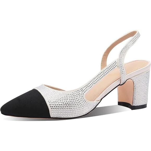 Women Slingback Pump Rhinestone Embellished Round Toe Chunky Heel Two Tone Pump - Picture 5 of 7
